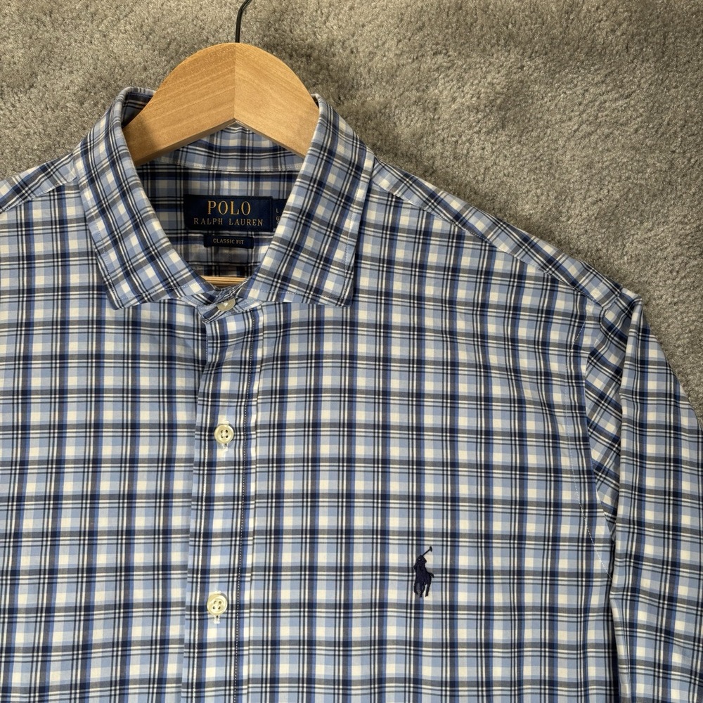 Polo Ralph Lauren Shirt Mens L Blue Plaid Stretch Lightweight Long Sleeve Logo